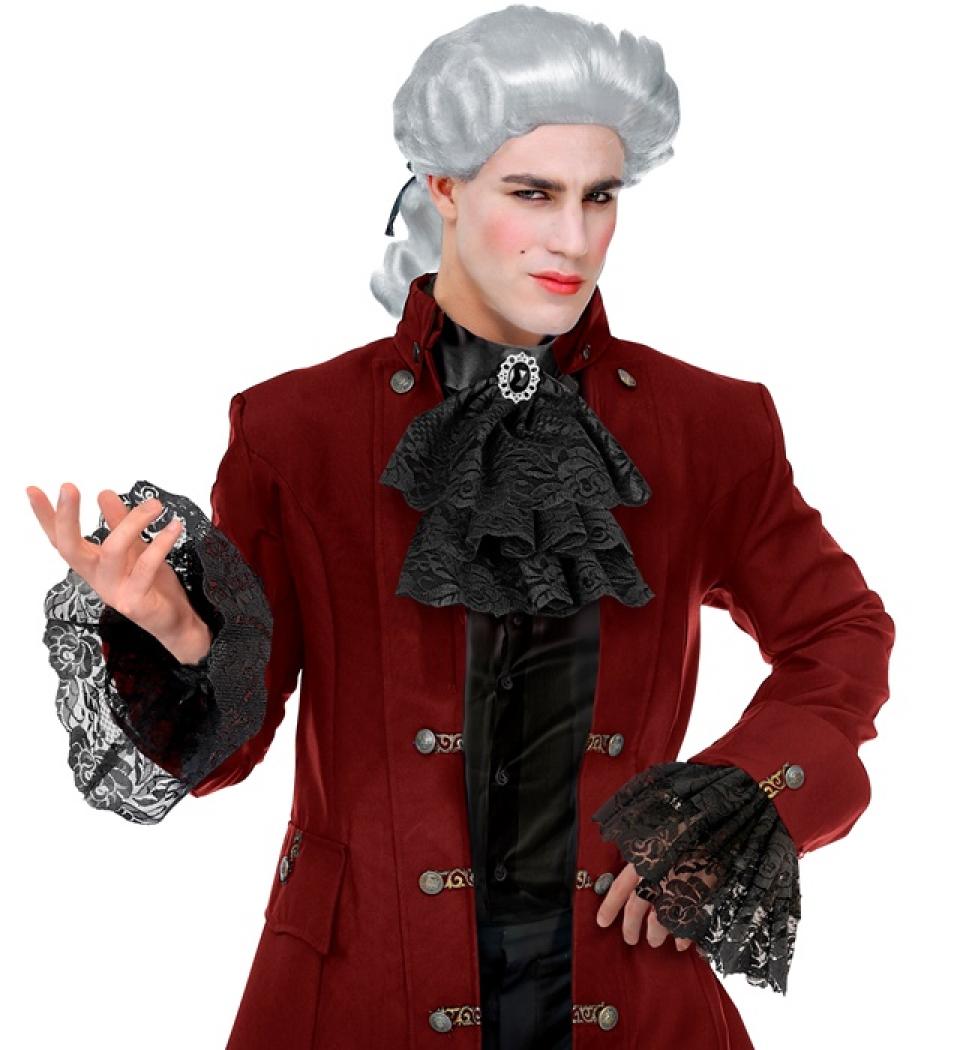 Jabot noir en dentelle avec pierre noire et poignets en dentelle