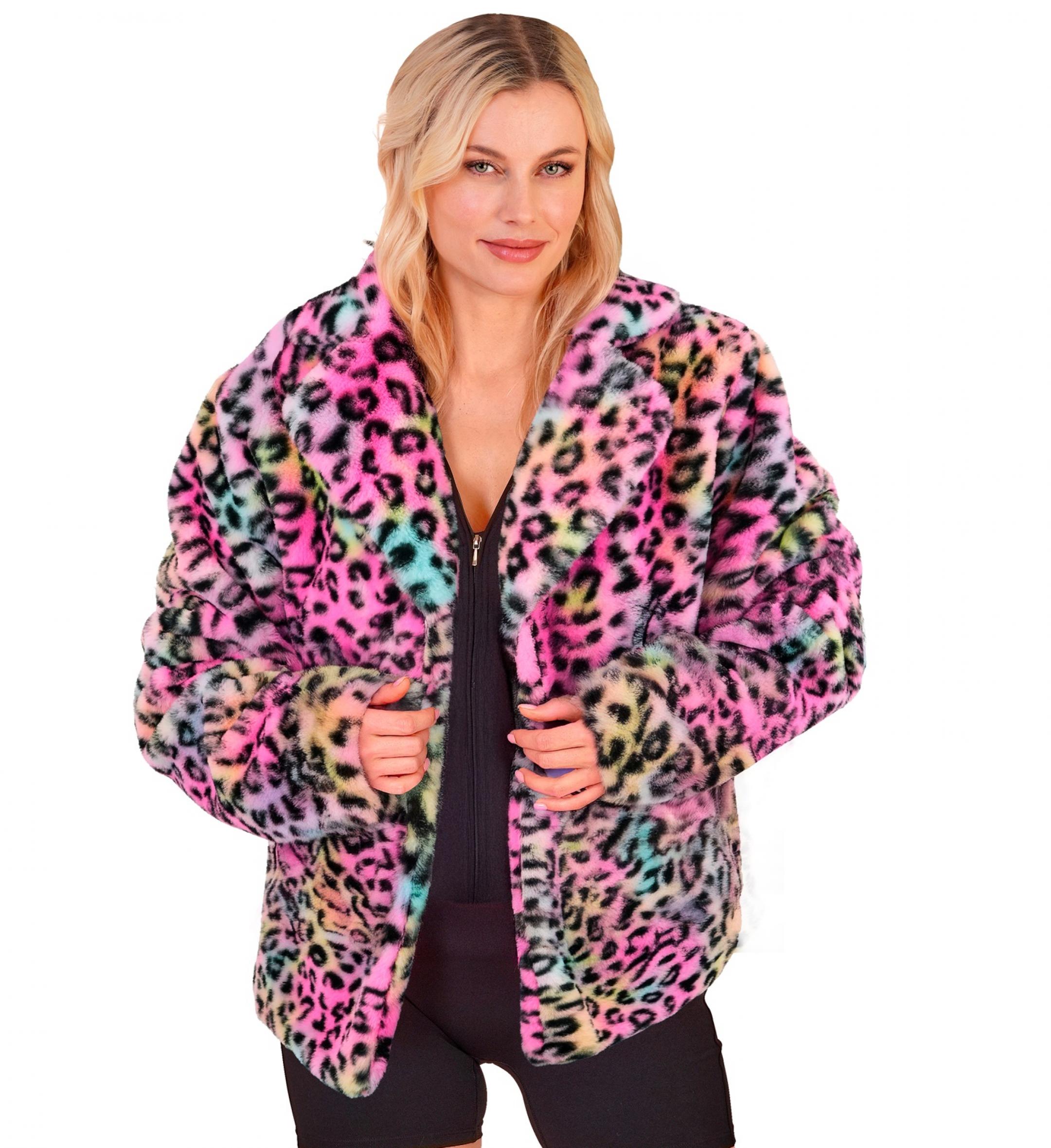 Veste en peluche fausse fourrure léopard multicolore femme taille S/M
