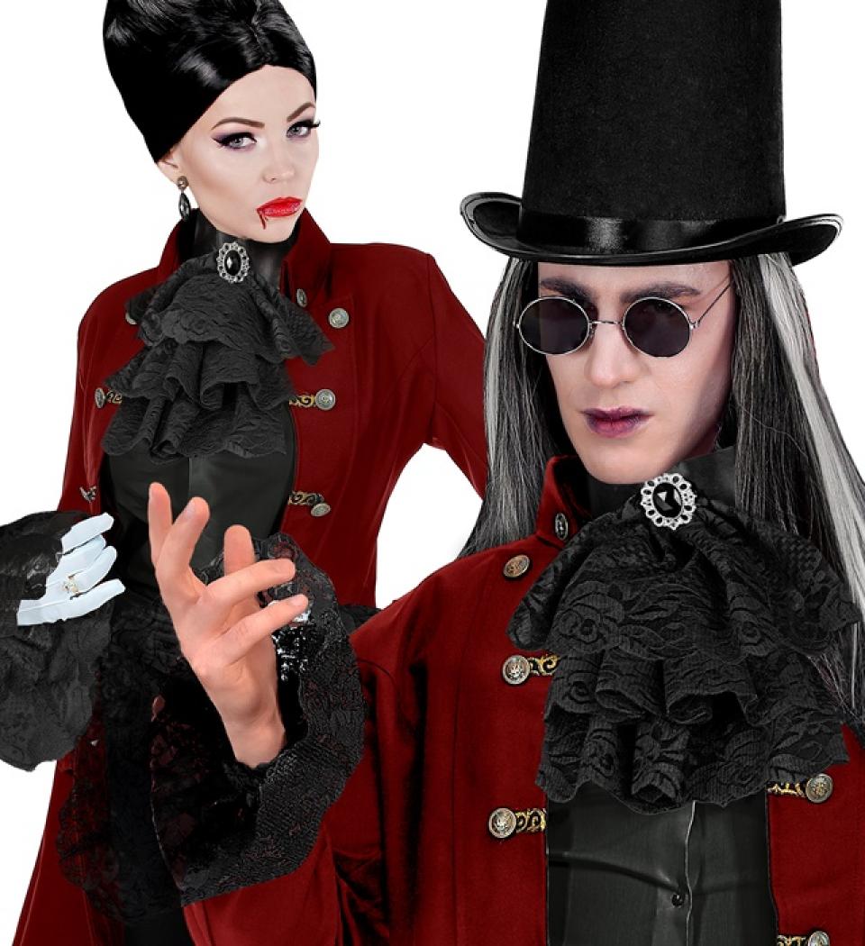 Jabot noir en dentelle avec pierre noire et poignets en dentelle