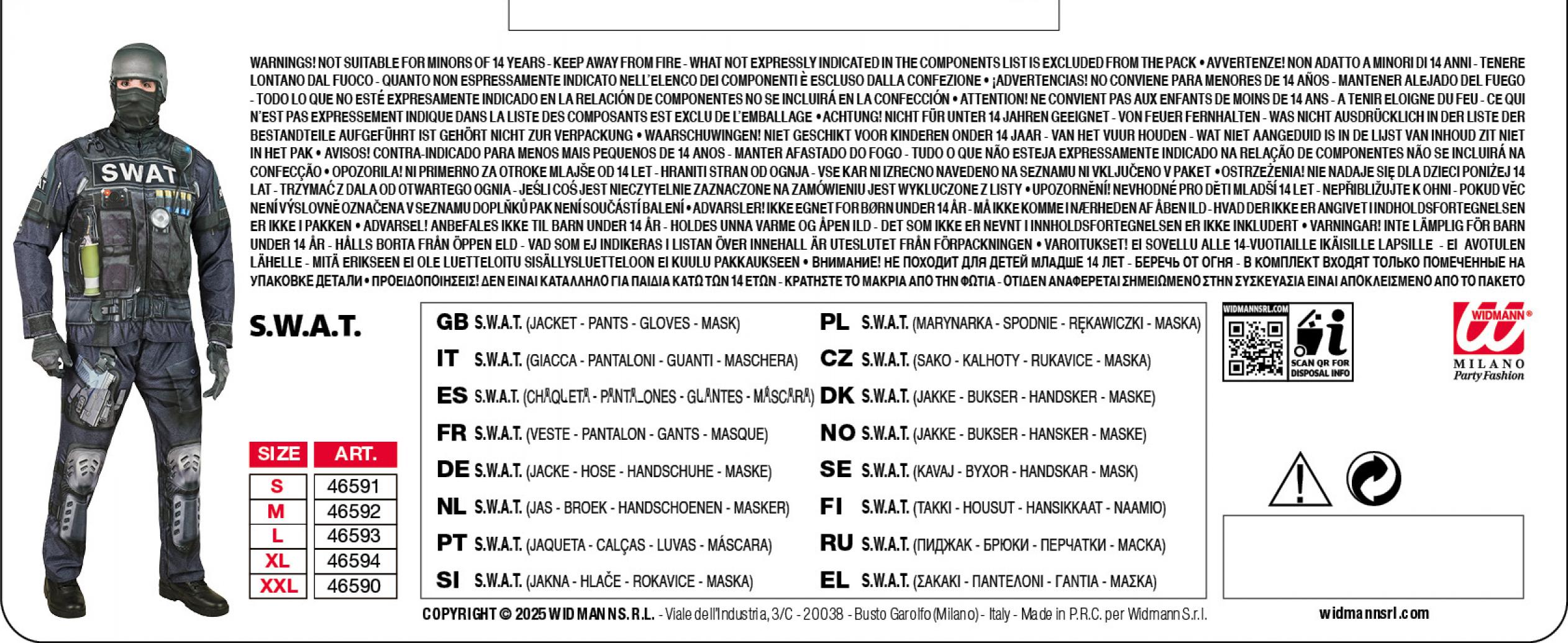 Déguisement effet réaliste policier SWAT imprimé Fast Costume intégral taille L