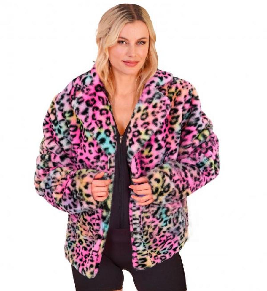 Veste en peluche fausse fourrure léopard multicolore femme taille L/XL