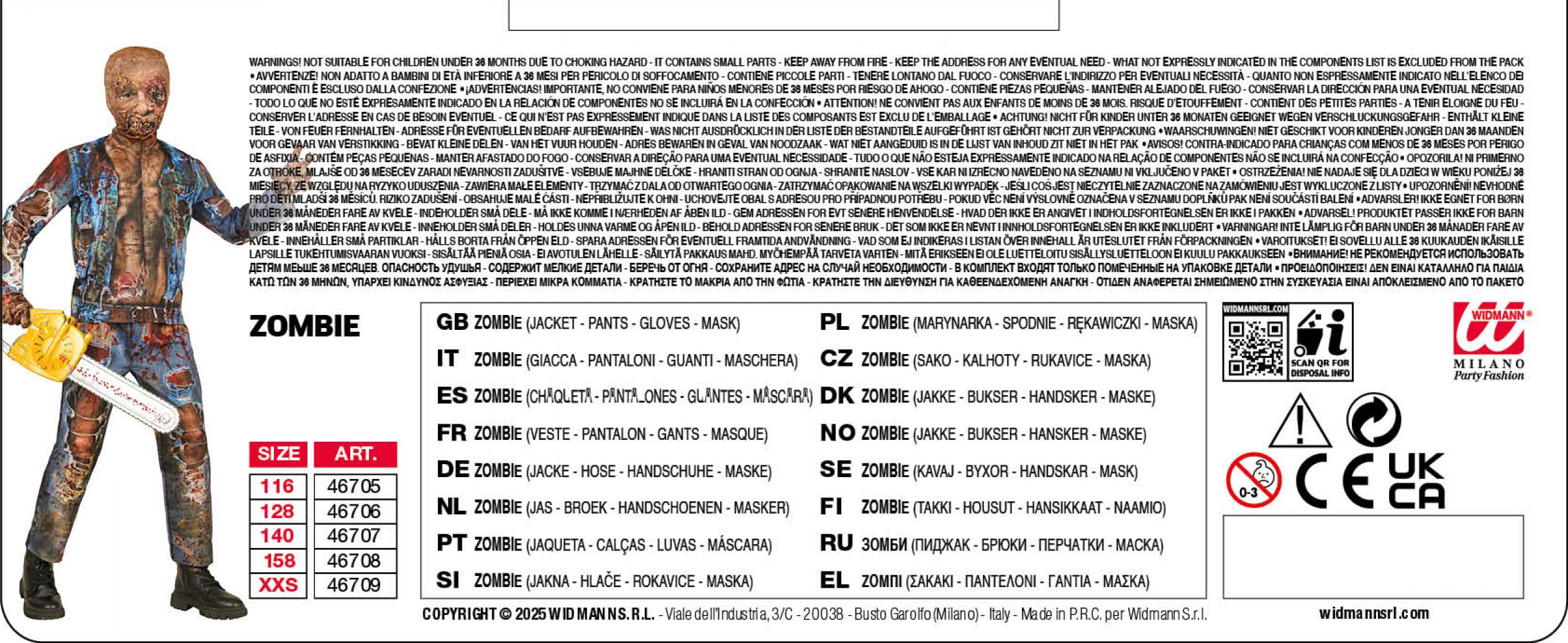 Déguisement effet réaliste zombie imprimé Fast Costume intégral taille 5/7 ans