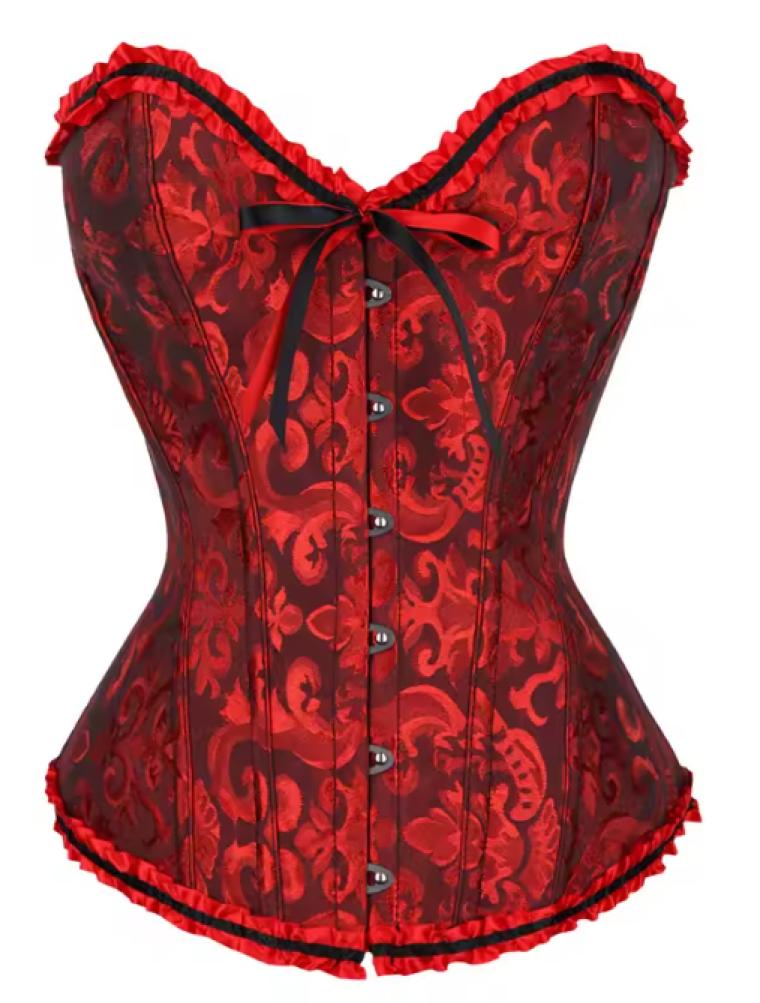 Corset bustier rouge sombre à agrafes et lassets gothique à motifs taille M