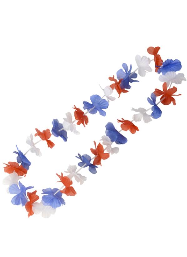 Collier fleurs hawai bleu blanc rouge France
