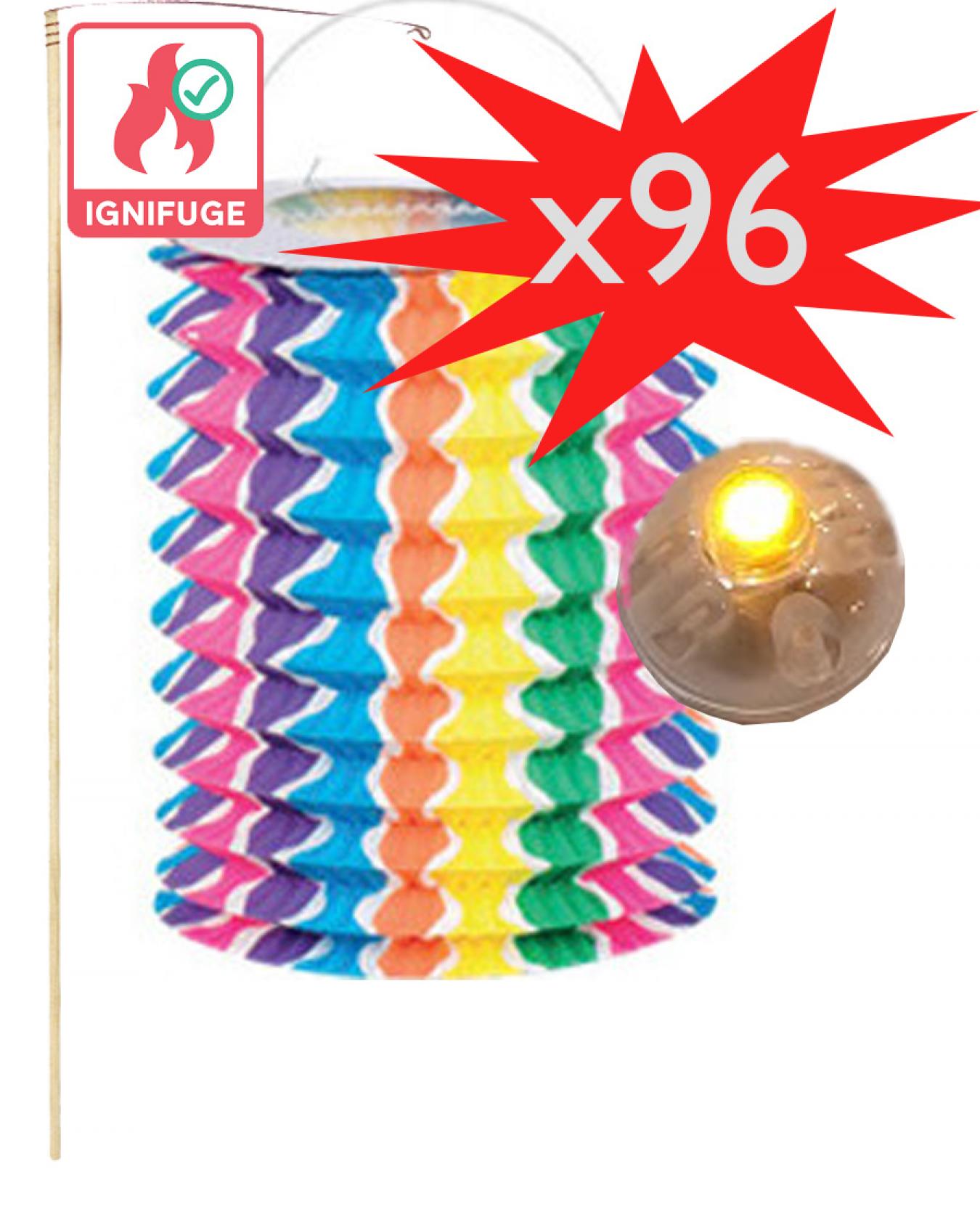 Lot 96 lampions multicolores avec bougies LED et porte-lampions