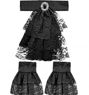 Jabot noir en dentelle avec pierre noire et poignets en dentelle