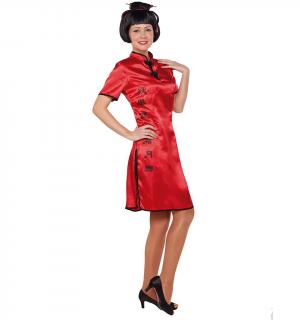 Robe chinoise rouge satinée à sinogrammes taille S