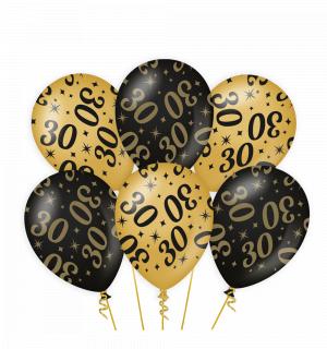 6 ballons anniversaire 30 ans or et noir 30cm