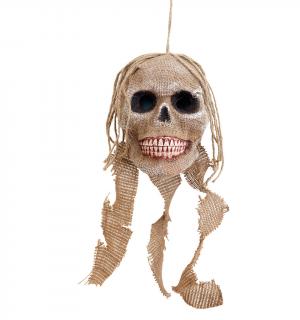 Tête de mort crâne couverte de jute à suspendre taille réelle 19cm